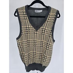 Vtg 1970s Ellen B Womens Sz 38 V Neck Sweater Vest Houndstooth Beige Gray